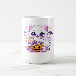 Cute Candy Ghost Kitty – Kawaii Halloween Cat Coffee Mug