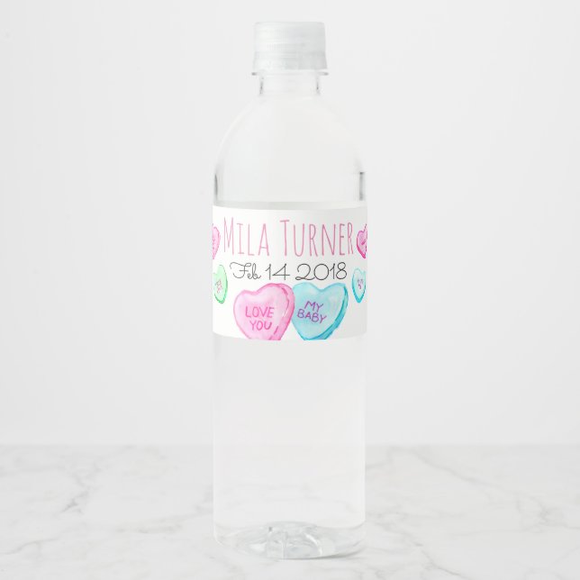 Cute candy heart valentines water bottle label (Front)