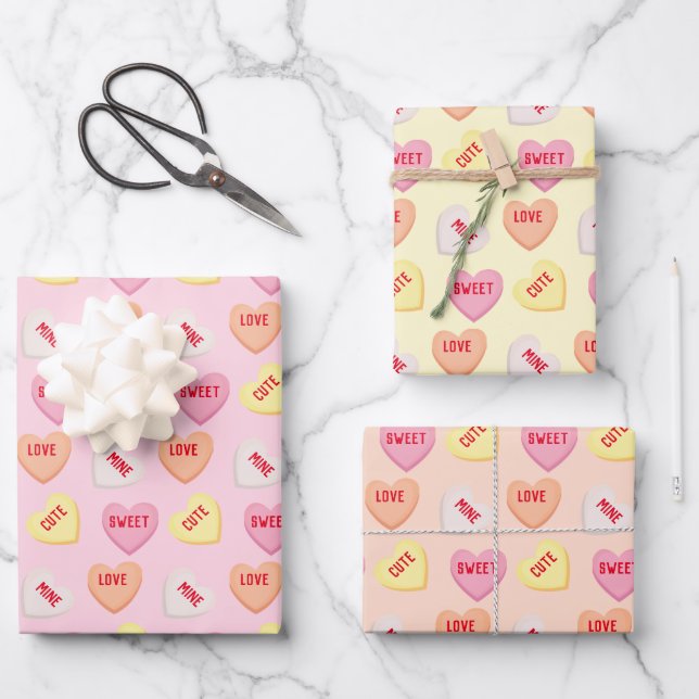Cute candy hearts editable text pink orange yellow wrapping paper sheet (Front)