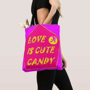 Cute candy love on dusky pink and banana yellow tote bag