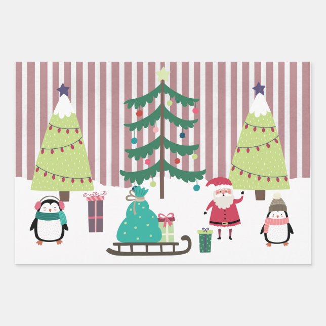 Cute candy striped festive scene wrapping paper sheet (Front)