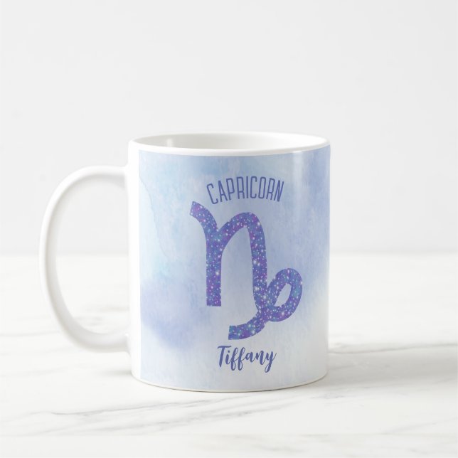 Cute Capricorn Astrology Sign Personalized Purple Coffee Mug (Left)
