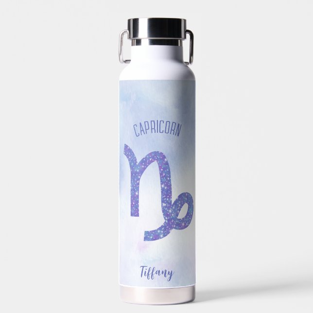 Cute Capricorn Astrology Sign Personalized Purple Water Bottle (Front)