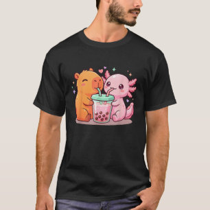 Cute Capybara And Axolotl Bubble Tea Boba Girls T-Shirt