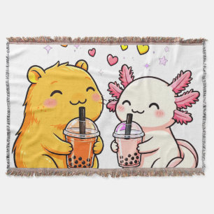 Cute Capybara and Axolotl Bubble Tea PNG Kawaii Throw Blanket
