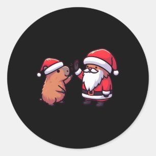 Cute Capybara And Santa Claus High Five Christmas Classic Round Sticker