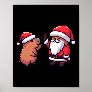 Cute Capybara And Santa Claus High Five Christmas Poster