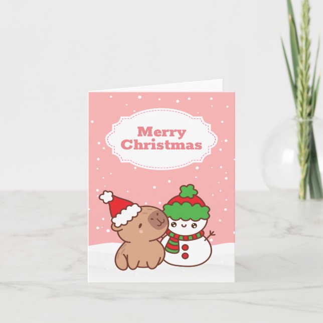 Cute Capybara And Snowman Christmas Holiday Card (Front)