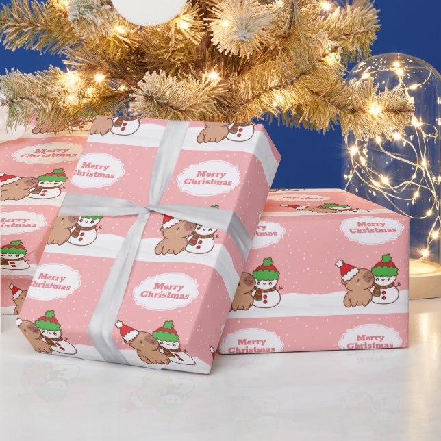 Cute Capybara And Snowman Christmas Wrapping Paper (Holidays)