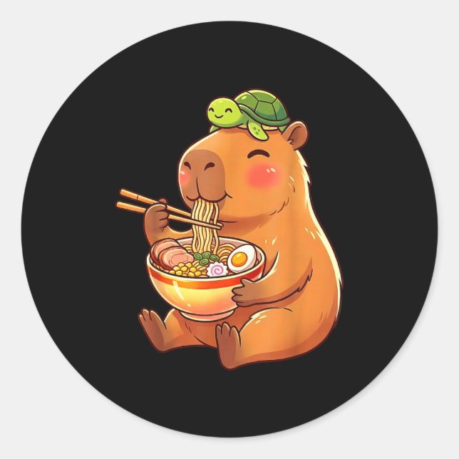 Cute capybara and turtle backpack ramen kawaii classic round sticker (Front)