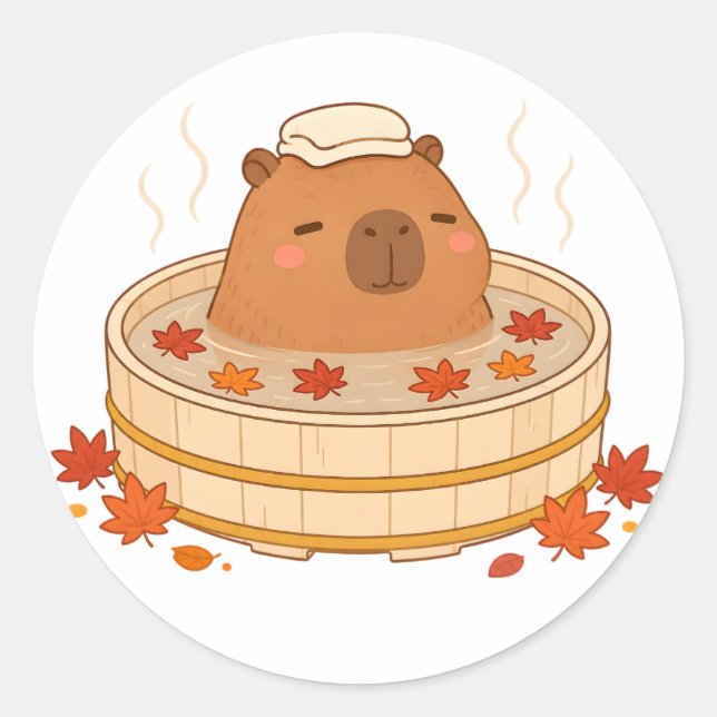 Cute Capybara Autumn Onsen Maple Leaf Sticker (Front)