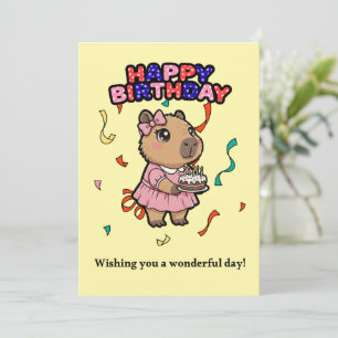 Cute Capybara Birthday Card - Pink Dress & Cake 