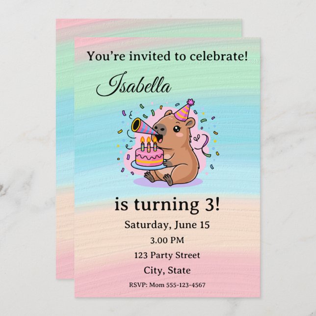 Cute Capybara Birthday Invitation Editable  (Devant / Derrière)