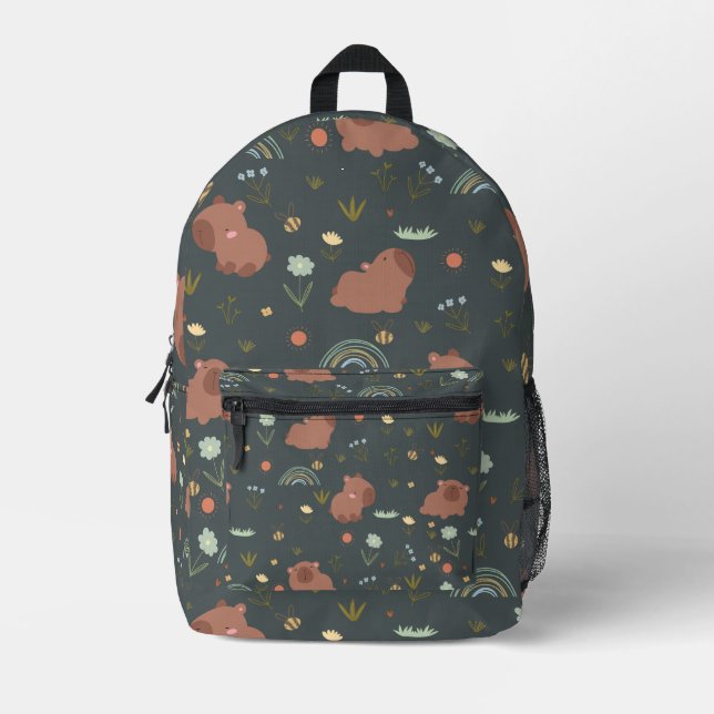 Cute Capybara Boho Rainbow Floral Pattern Printed Backpack (Front)
