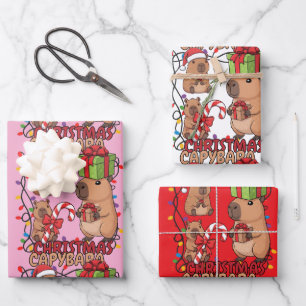 Cute Capybara Christmas Lights Festive Party Pink Wrapping Paper Sheet