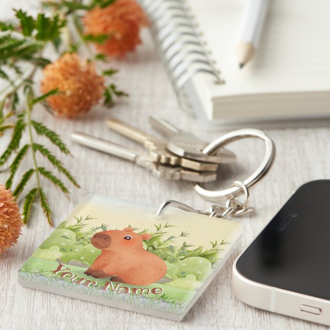 Cute Capybara Custom Name Square Acrylic Keychain (Front Right)