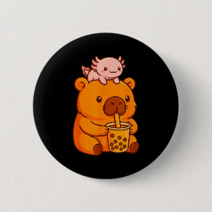 Cute Capybara Drinking Bubble Tea And Axolotl Kawa 2 Inch Round Button