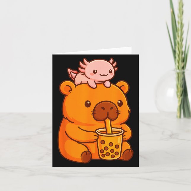 Cute Capybara Drinking Bubble Tea And Axolotl Kawa Card (Front)