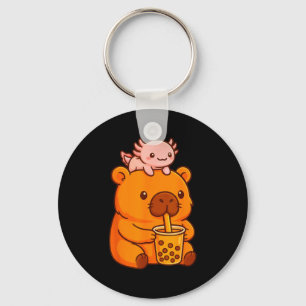 Cute Capybara Drinking Bubble Tea And Axolotl Kawa Keychain
