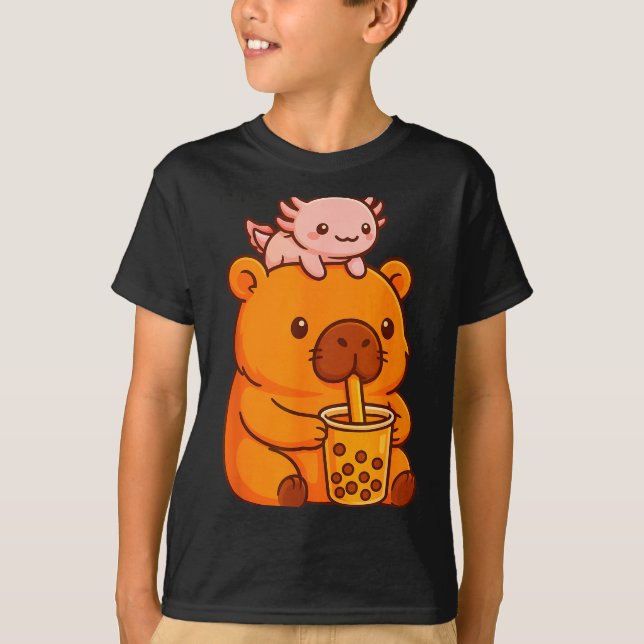 Cute Capybara Drinking Bubble Tea And Axolotl Kawa T-Shirt (Front)