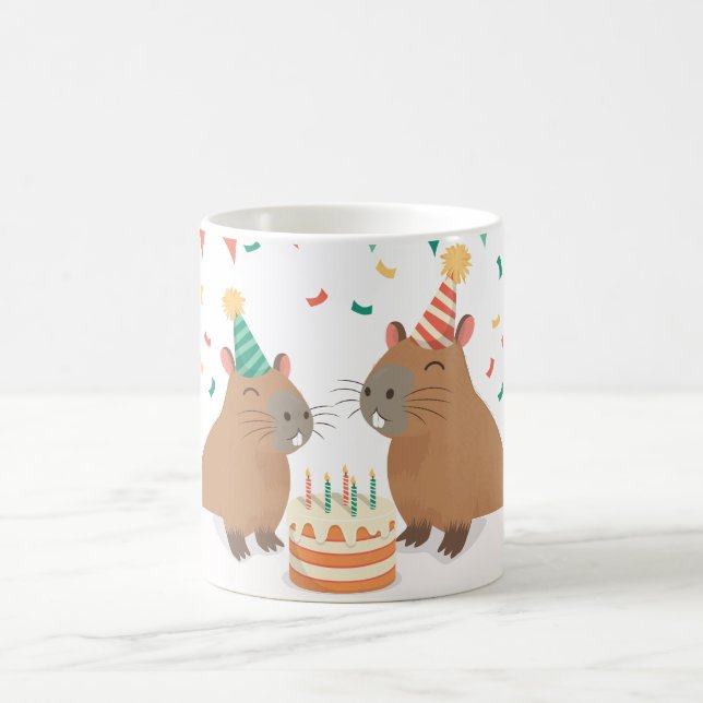 Cute capybara family celebrating birthday coffee mug (Center)