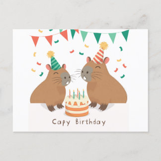 Cute capybara family celebrating birthday postcard