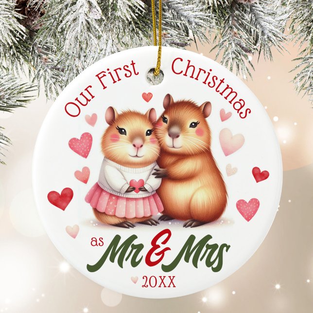 Cute Capybara First Christmas as Mr & Mrs Married Ceramic Ornament (Cute capybara married couple Our First Christmas as Mr & Mrs year personalized name wedding ornament)