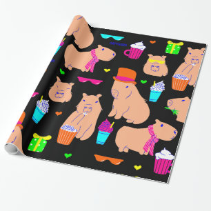 cute capybara funny animal black  wrapping paper