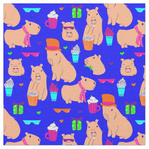 cute capybara funny animal blue  fabric