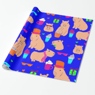 cute capybara funny animal blue wrapping paper