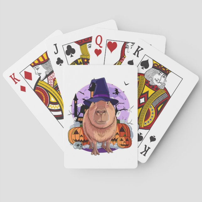 Cute Capybara Halloween Witch Pumpkin Sweatshirt Playing Cards (Back)