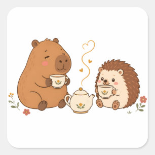 Cute Capybara Hedgehog Tea Time Friends Sticker