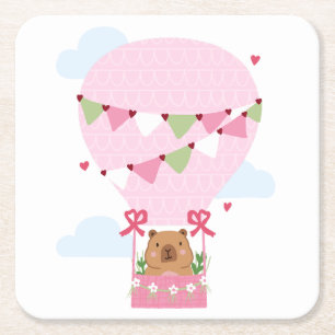 Cute Capybara Hot Air Balloon Pink Birthday Party Square Paper Coaster