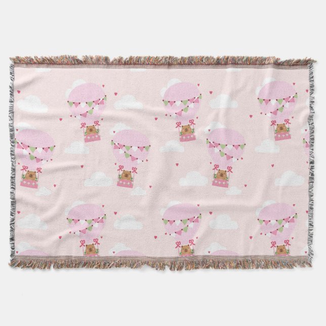 Cute Capybara Hot Air Balloon Throw Blanket (Front)