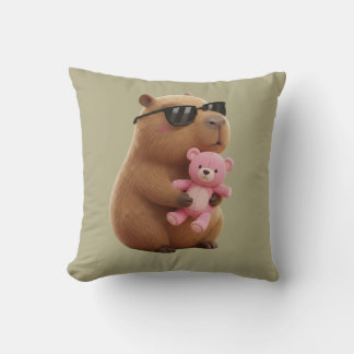 Cute Capybara Hugging Teddy Bear Sage Green  Throw Pillow