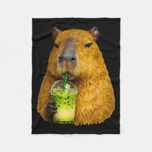 Cute capybara iced matcha latte lover meme fleece blanket