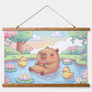 Cute capybara in a pond hanging tapestry