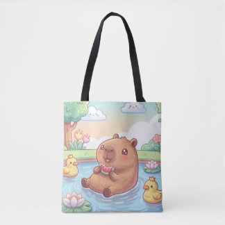 Cute capybara in a pond tote bag