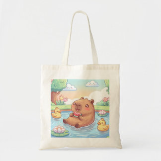 Cute capybara in a pond tote bag
