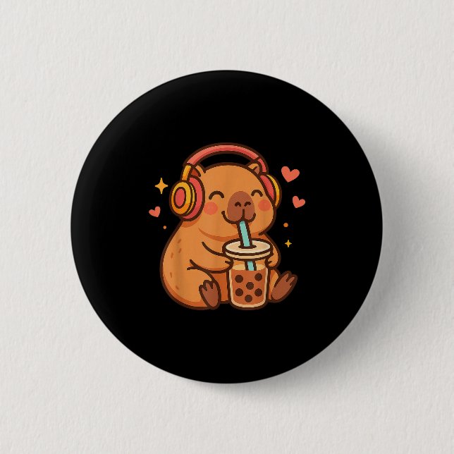 Cute Capybara Kawaii Anime Drinking Bubble Tea Lov 2 Inch Round Button (Front)