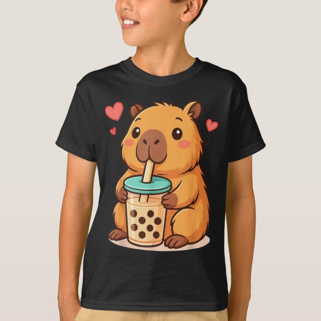 Cute Capybara Kawaii Anime Drinking Bubble Tea Lov T-Shirt (Front)