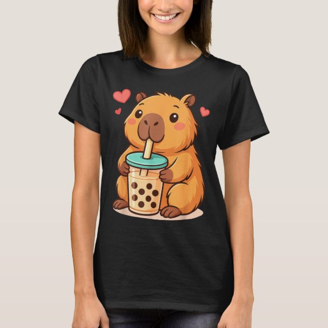 Cute Capybara Kawaii Anime Drinking Bubble Tea Lov T-Shirt (Front)