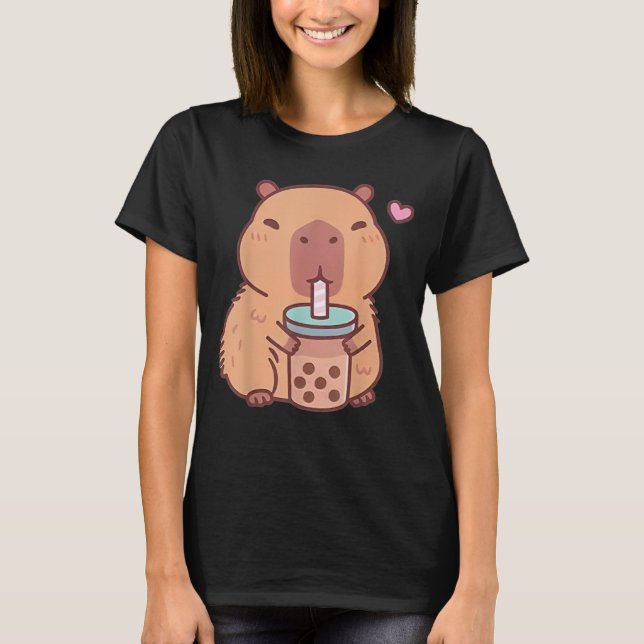 Cute Capybara Kawaii Anime Drinking Bubble Tea  T-Shirt (Front)