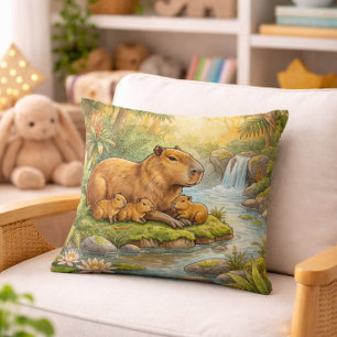 Cute Capybara Mama And Babies Jungle Animals  Throw Pillow