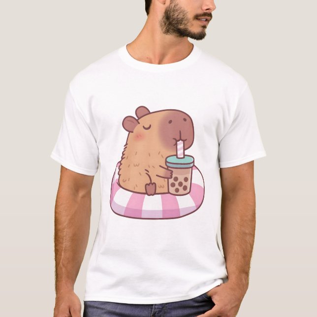 Cute Capybara On Pool Float Drinking Bubble Tea T-Shirt (Front)