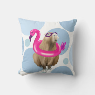 Cute Capybara Pink Flamingo Pool Party Throw Pillow