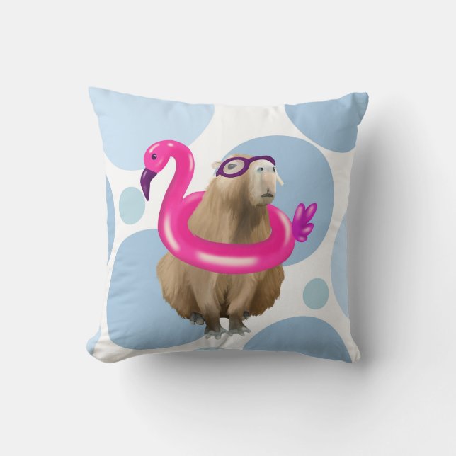 Cute Capybara Pink Flamingo Pool Party Throw Pillow (Front)