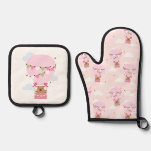 Cute Capybara Pink Hot Air Balloon Apron Oven Mitt & Pot Holder Set