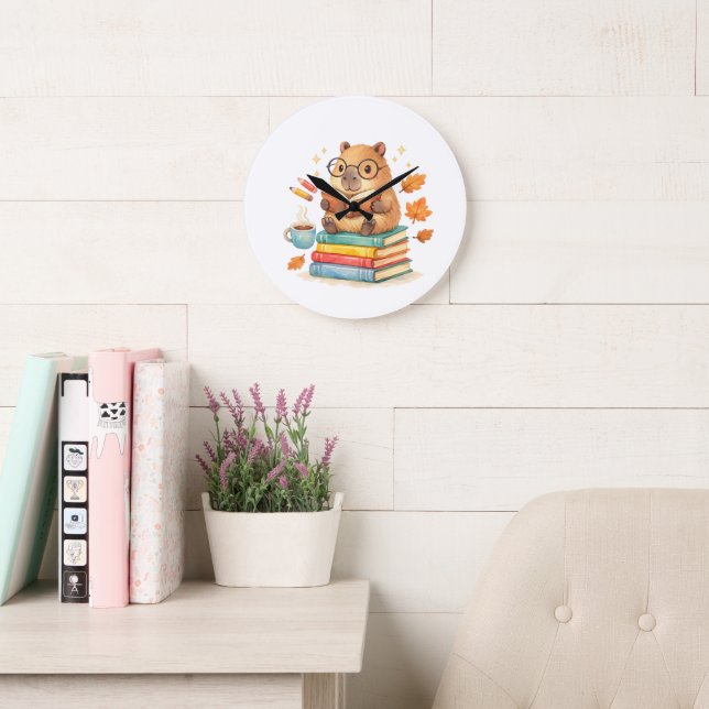 Cute Capybara Reading Books Watercolor  Large Clock (Reading Room)