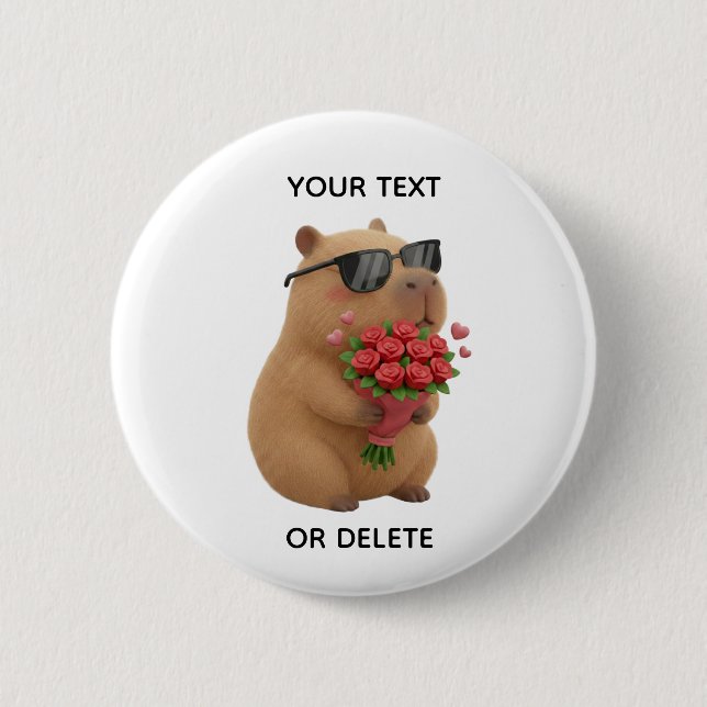 Cute Capybara Rose Bouquet Valentine Pin Button (Front)